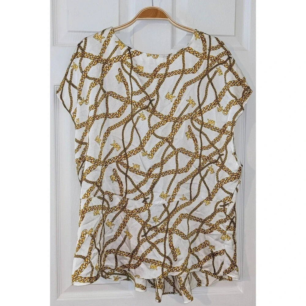 Michael Kors Chain Print Top Blouse Keyhole Neck Short Sleeve‎ White 1X